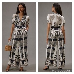 Anthropologie Farm Rio Puff-Sleeve Linen Jumpsuit